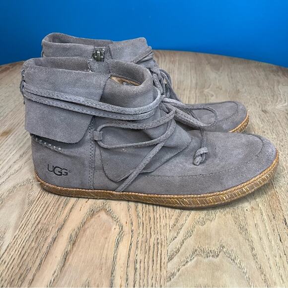 UGG Reid Moc Bootie Suede Ankle Boot Tan Slate Wrap Lace Boho Women’s Size 7.5 - Picture 2 of 11